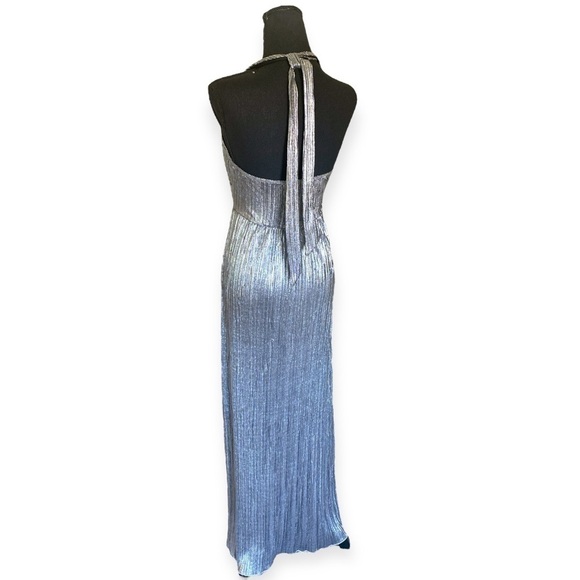 Silver Metallic Pleated Halter Top Maxi Dress Women’s Size Medium Gunmetal - Picture 4 of 11